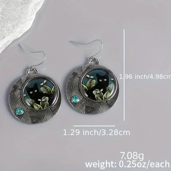 😸Oxidized Silver Alloy Black Cat Circular Hook Drop Earrings - Picture 13 of 15